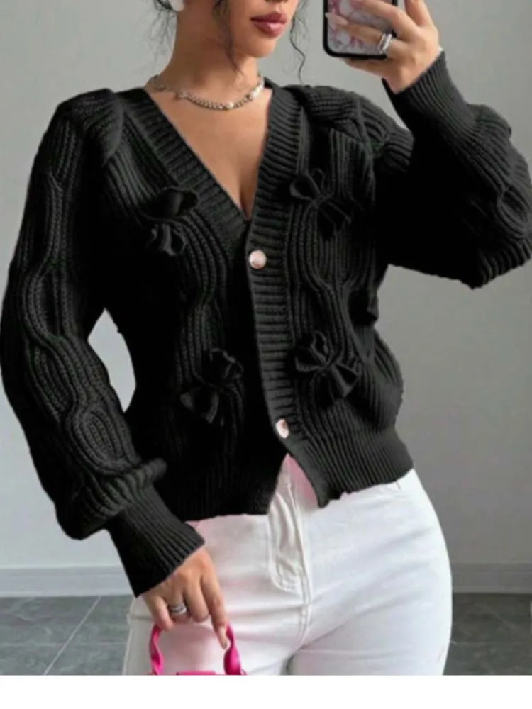2025 Autumn And Winter Solid Color Long-sleeved Bow Knit Cardigan Jacket New Women's Elegant V-neck Button Versatile Sweater Top