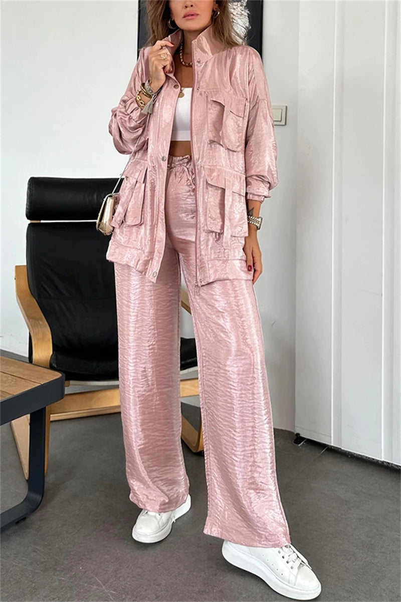 Streetwear 2 Piece Sets Women Outfit Spring Clothes Women 2025 Solid Pocket Jacket Top and Pant Sets Safari Style Tracksuits Set.