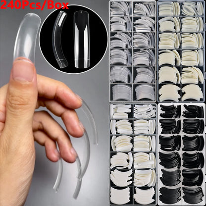 240Pcs/Box Extra Long Bend False Nails 12-Sizes Full Cover Press On Nail Clear/White/Black Building Extension Fake Fingertips *&.