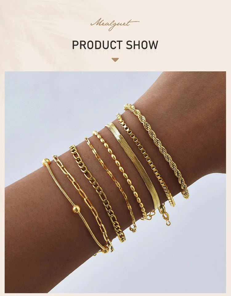 Non Tarnish Stainless Steel Bracelet Stackable for Women, Thin Herribone Chain Bracelet Waterproof Gold Plated Jewelry.