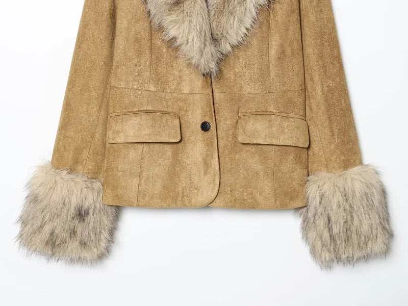 MUJER Kunstpelz-Leder-Blazer für Damen, Kunstleder, luxuriöse Damen-Blazer, Mäntel, Büro, taillierte Jacke, Damen-Winter-Oberbekleidung