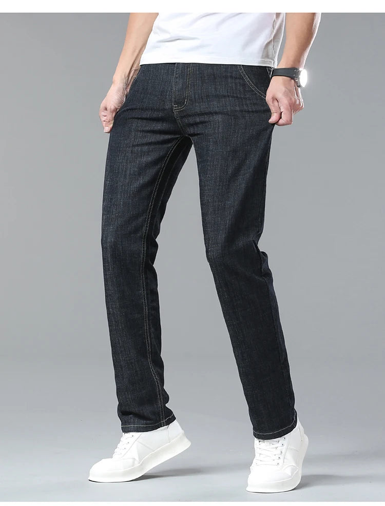 Men's Ice Silk Jeans Summer New Lyocell Thin Business Casual Denim Pants Classic All Match Slim Fit Straight Elastic Jean Male