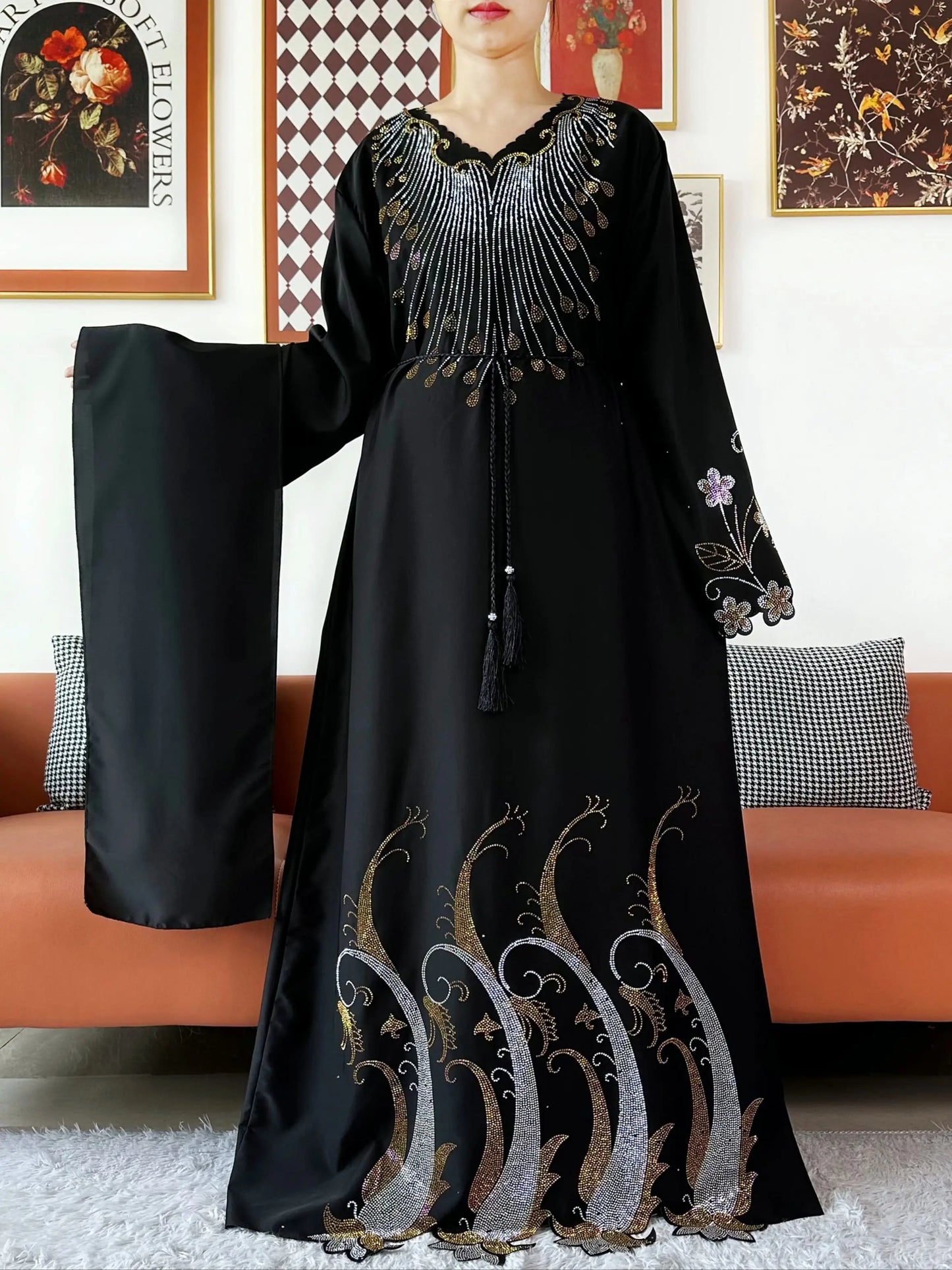 2025Fashion Dubai Diamond Muslim Women Modest Dress Elegant Arabic Femme Hijab Long Sleeve Chiffon Abaya Islamic Turkey Clothing.