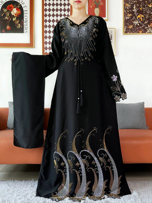 2025Fashion Dubai Diamond Muslim Women Modest Dress Elegant Arabic Femme Hijab Long Sleeve Chiffon Abaya Islamic Turkey Clothing.