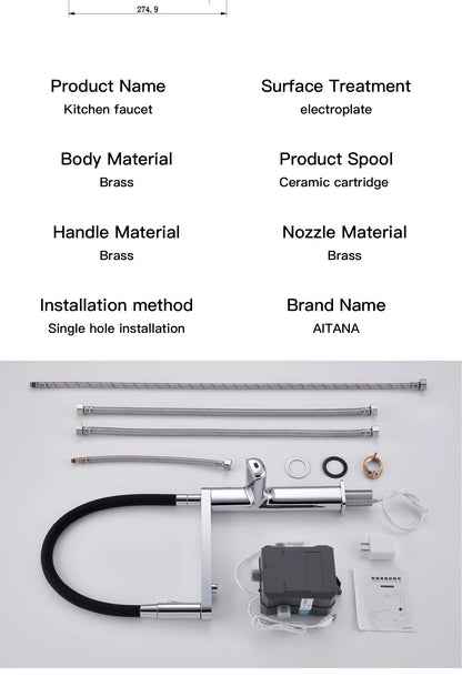 Luxury brass gun gray sensing kitchen faucet LED display touch switch hot&cold water pull-out purified water 2 function sink Tap