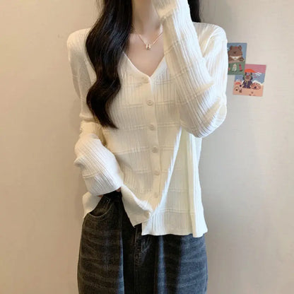 Women's Long-sleeved Button Cardigan Solid Color Casual Loose Fashion Top