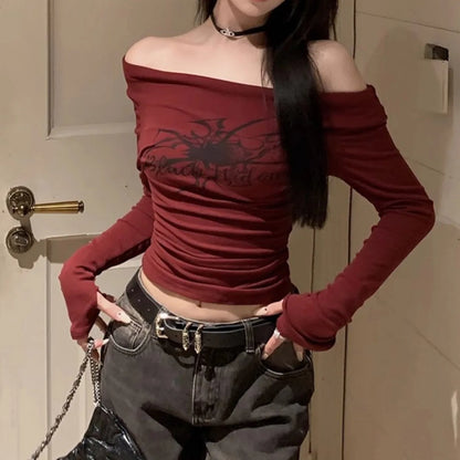 Gothic Print Grunge T-Shirts Women Long Sleeve Off the Shoulders Tops Y2K Clothes Streetwear Shirt Korean Style Vintage Crop Top.