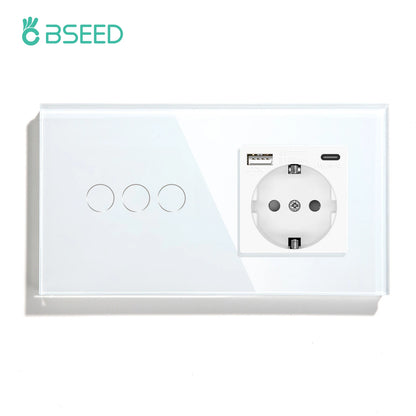 BSEED Touch-Lichtschalter, EU-Standard-Wandsteckdose mit USB Typ-C-Kristallglasscheibe, weiße Farbe, Netzstecker, 1/2/3 Gang-Schalter.