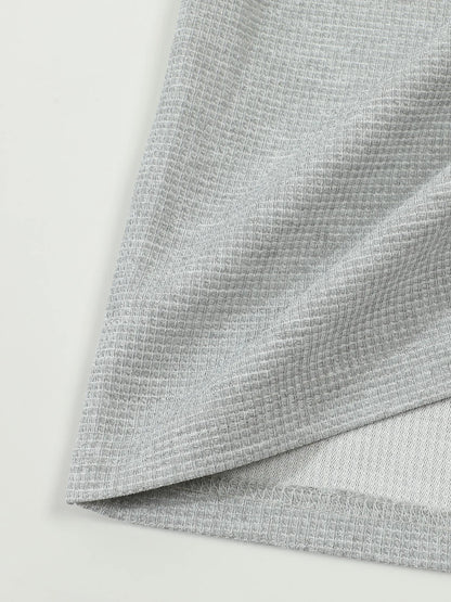 Men's Waffle Check Stand-Up Collar Semi-Casual Business Suit Two-Piece Set Button-Down Top with Comfortable Trousers