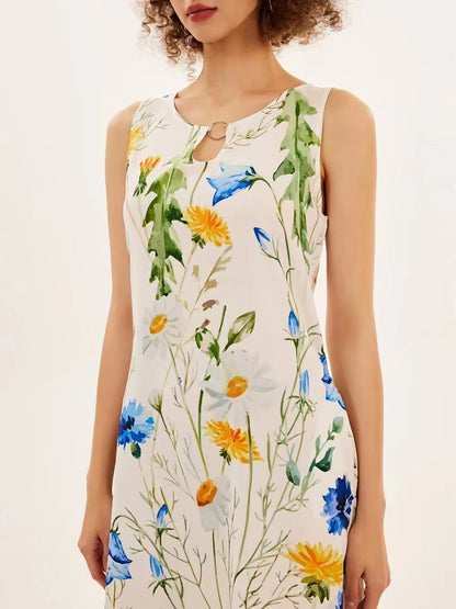 Blumendruck Neues lässiges ärmelloses langes Kleid Damen V-Ausschnitt bedrucktes Kleid Swing Bohemian Retro Kleider