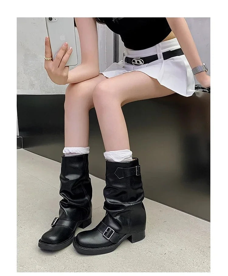 Pleated Buckle Knight Boots for Women Autumn Brown PU Leather Mid Calf Boots Woman Slip-On Thick Heel Riding Botas Mujer 2024.