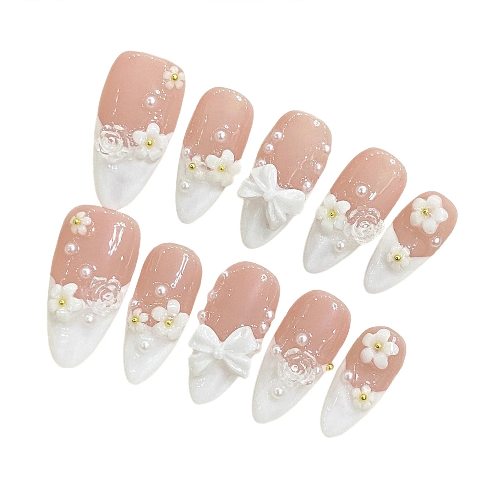 10pcs 3D Bowknots Press On Nails Handmade Almond White French Style Fake Nail Cute Flower Designs INS Korean Wearable Manicure.