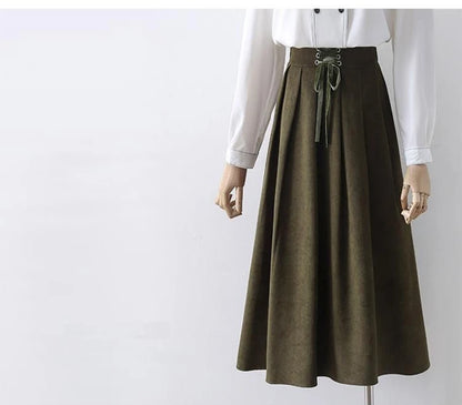 Preppy Style Vintage Long Skirts Women High Waist Sweet Loose A Line Skirt Lace Up Retro Fall Winter Female Elegant Long Skirts.
