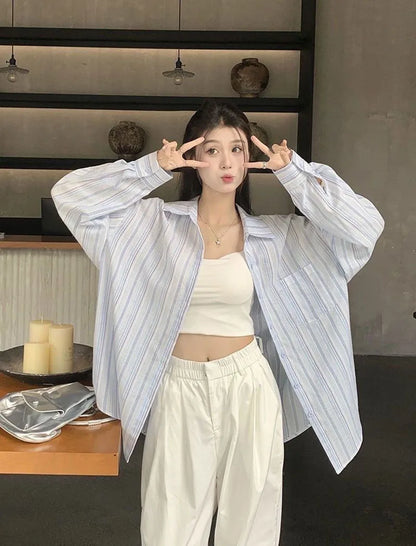 Pink Striped Shirt Women Korean Style Loose Long Sleeved Button Up Blouse Ladies Autumn New Wild Streetwear Casual Shirts 2025.