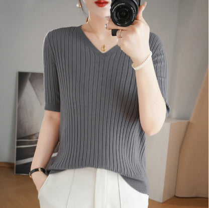 Frauen Pullover Frühling Sommer Kurzarm V-ausschnitt Strick Hemd Casual Koreanische Pullover Streifen Bodenbildung Shirt Slim Fit Jumper