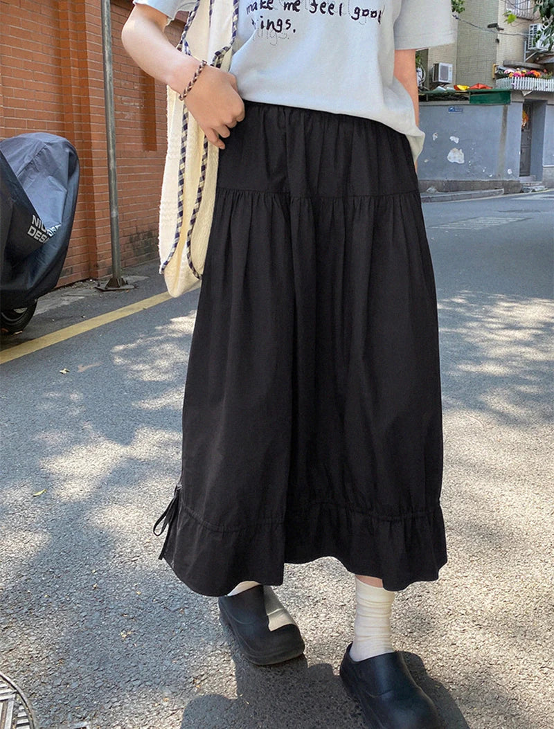 Vintage Black Midi Skirt Women Japanese Harajuku Drawstring Bud Skirts Summer Streetwear Korean Casual Design A Line Faldas New.