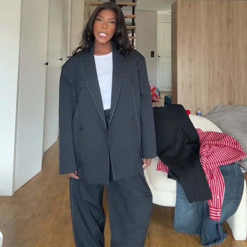 Fashion Line Suit Jackets Pants Sets Women Loose Lapel Double Breasted Blazer Pleated Wide Leg Pant 2025 Autumn Lady Office Suit.