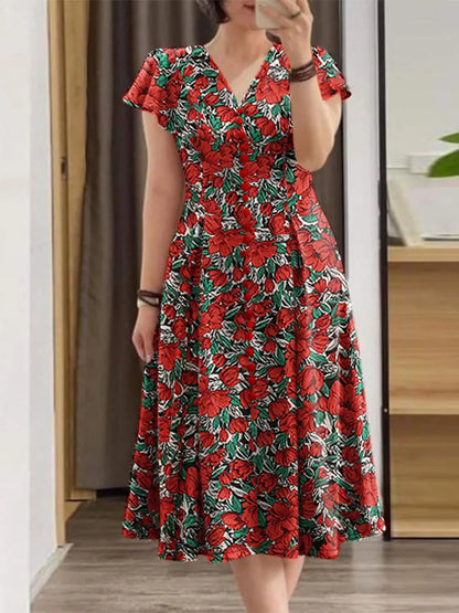 ZANZEA Elegante Frauen Floral Print Midi Kleid Sommer 2025, Casual Rüschen Kurzarm V-ausschnitt Vestidos Mode Cinched Taille Roben