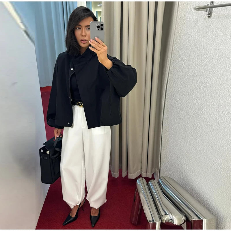 Straße Solide Zipper Dünne Jacke Frauen Stehen Kragen Volle Hülse Kordelzug Straße Jacken 2025, Herbst Dame Casual Outwears Neue.