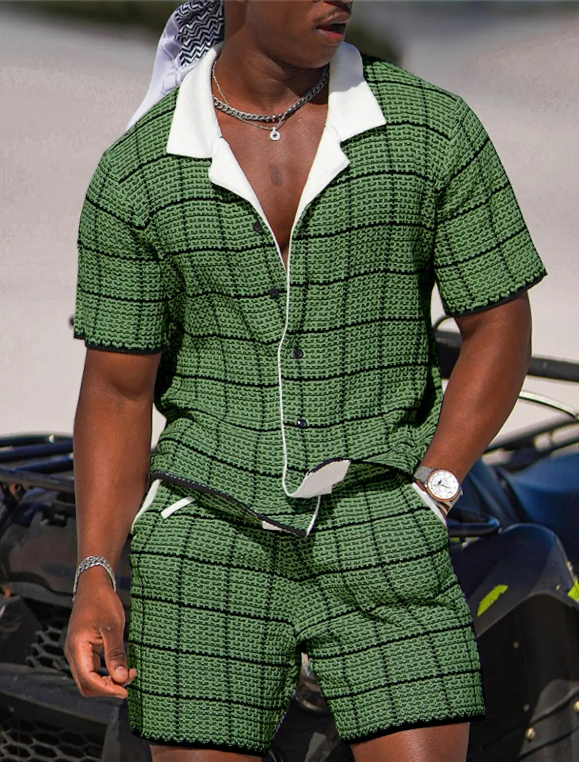 Men's Plaid Geometric Pattern Two-piece Shirt Hawaiian Short Sleeve Shirt Shorts Fashion Street Design Outdoor Nightclub Print.