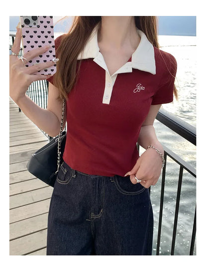 Women's Slim Fit Short Sleeve Polo Shirt Summer New Color Collision Design Red T-Shirt Top Fashionable Casual Business Wear