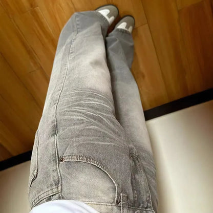 Vintage Wide-Leg Jeans Grey American Style Straight-Leg Casual Pants For Women Loose Fit Draped Spring Autumn 2024 New Arrival.