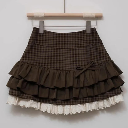 Japanese Sweet Lolita Mini Skirts Women Y2K Kawaii Lace Patchwork Bow Cake Skirt Femme High Waist Preppy All Match A Line Skirts.