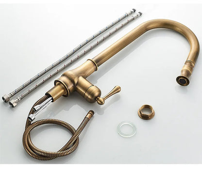 Antique Brass Kitchen Faucet Pull Out Spout Kitchen Faucets Black Single Hole Swivel Hot Cold Water Kitchen Mixers Taps