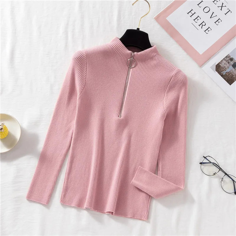 Spring Autumn Skinny Elastic Knitted Shirt Women Pullover Sweater Tops Female Long Sleeve Slim Mock Neck Knit Bottoming Shirts.