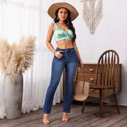 Classic Retro Style Solid Color Denim Pants Elastic Slimming Flared Long Trousers High Waist Jeans Women's Fashion Decorative Bu.