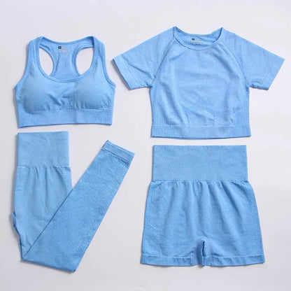 2/4PCS Summer Seamless Yoga Set Women Workout Clothes Sports Bra Short Sleeve Crop Top High Waist Legging Fitness Sports Suits.