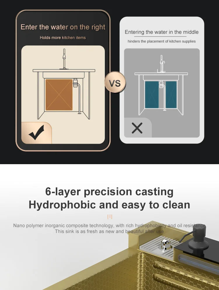 Golden Stainless Steel Waterfall Kitchen Sink Gold Embossed Extra Large Single Slot Digital Display Dishwashing Basin 100x50cm