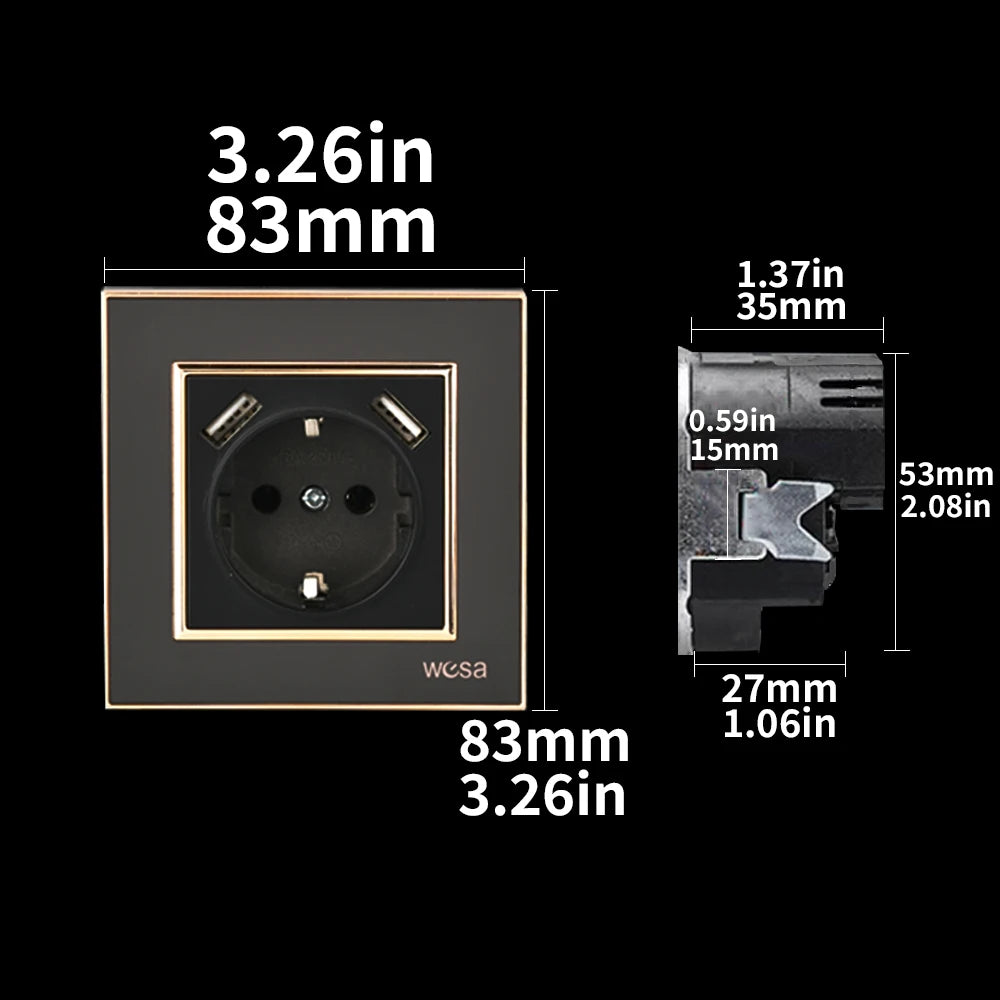 WESA Schwarze Spiegel-Acryl-Steckdose mit 2 USB-Steckdosen nach EU-Standard, Standard-Erdungsstecker, Steckdose, flammhemmend.