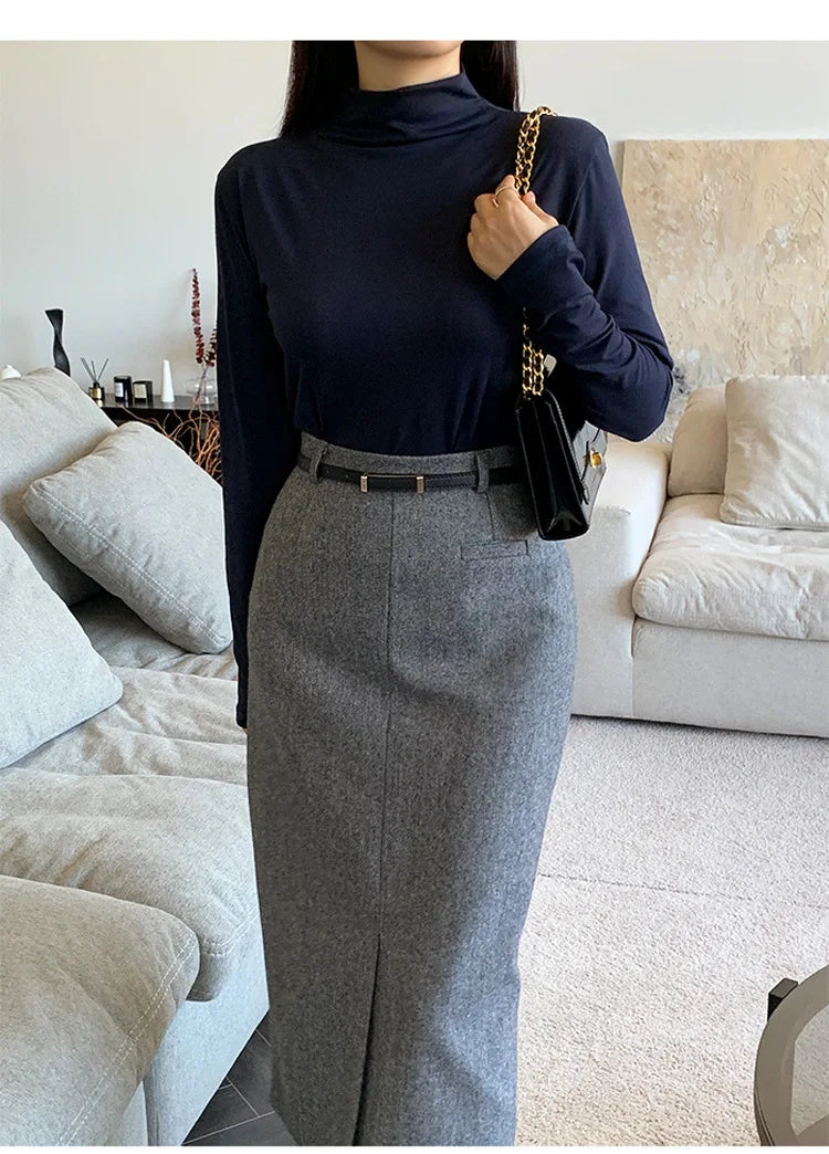 Gray Pencil Skirts Belted Elegant Women Slim Office Ladies Casual A-Line High Waist Split Midi Skirt Autumn Winter.