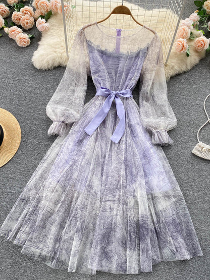 Elegante Frauen Mesh Kleid Vintage Laterne Ärmeln Gedruckt Party Kleider Frühling Sommer Patchwork A Line Bandage Strand Kleid.