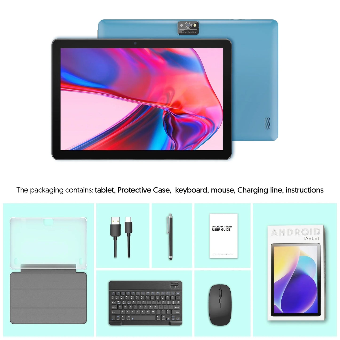 BAKEN 10-inch Android 15 tablet, 128GB RAM + 9GB + 64GB storage, 1TB expandable memory, WiFi 6, Bluetooth, Google GMS.