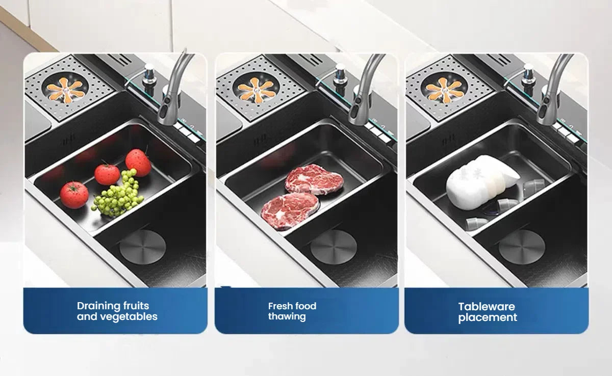 Smart Digital Display Waterfall Faucet Kitchen Sink With Knife Holder and Trash Can Household Wash Dish Basin Large Single Slot