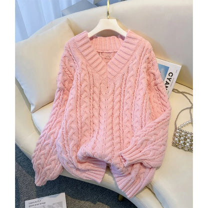 MEXZT Harajuku Pullover Frauen Mode Übergroßen Rosa V-ausschnitt Gestrickte Pullover Koreanische Langarm Strickwaren Winter Casual Jumper