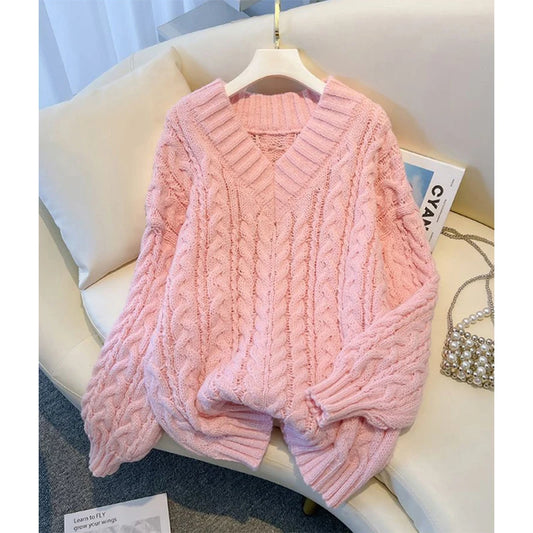 MEXZT Harajuku Pullover Frauen Mode Übergroßen Rosa V-ausschnitt Gestrickte Pullover Koreanische Langarm Strickwaren Winter Casual Jumper