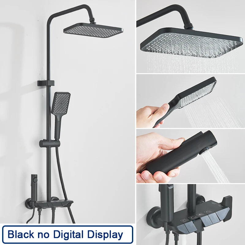 Rozin Black Smart Digital Display Shower Faucet Set Piano Style Rainlfall Bathroom System Grey Digital Mixer Tap Bidet Shower