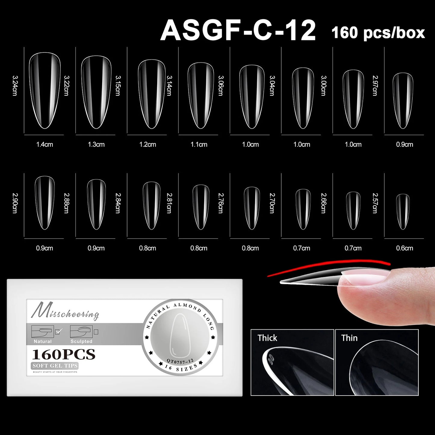16 Sizes Curved Arch Full Cover False Nail Tips Soft Gel Press on French Almond Capsules Coffin Artificial Fake Nails Extension