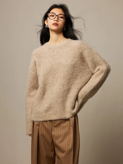 SuyaDream Warm Alpaca Pullovers for Woman, Dropped Sleeved Loose Sweaters, 2025 Fall Winter Top, Camel, Beige
