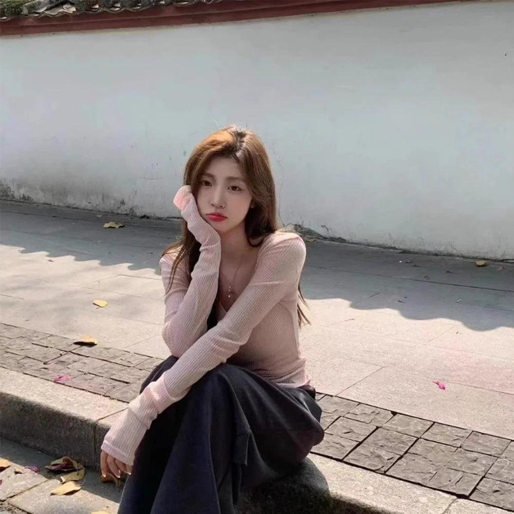 Frauen T-shirt Sexy V-ausschnitt Casual Langarm Slim Fit Shirts Dünne Transparente Gestrickte Top Weibliche Y2k Trendy Dünne Pullover