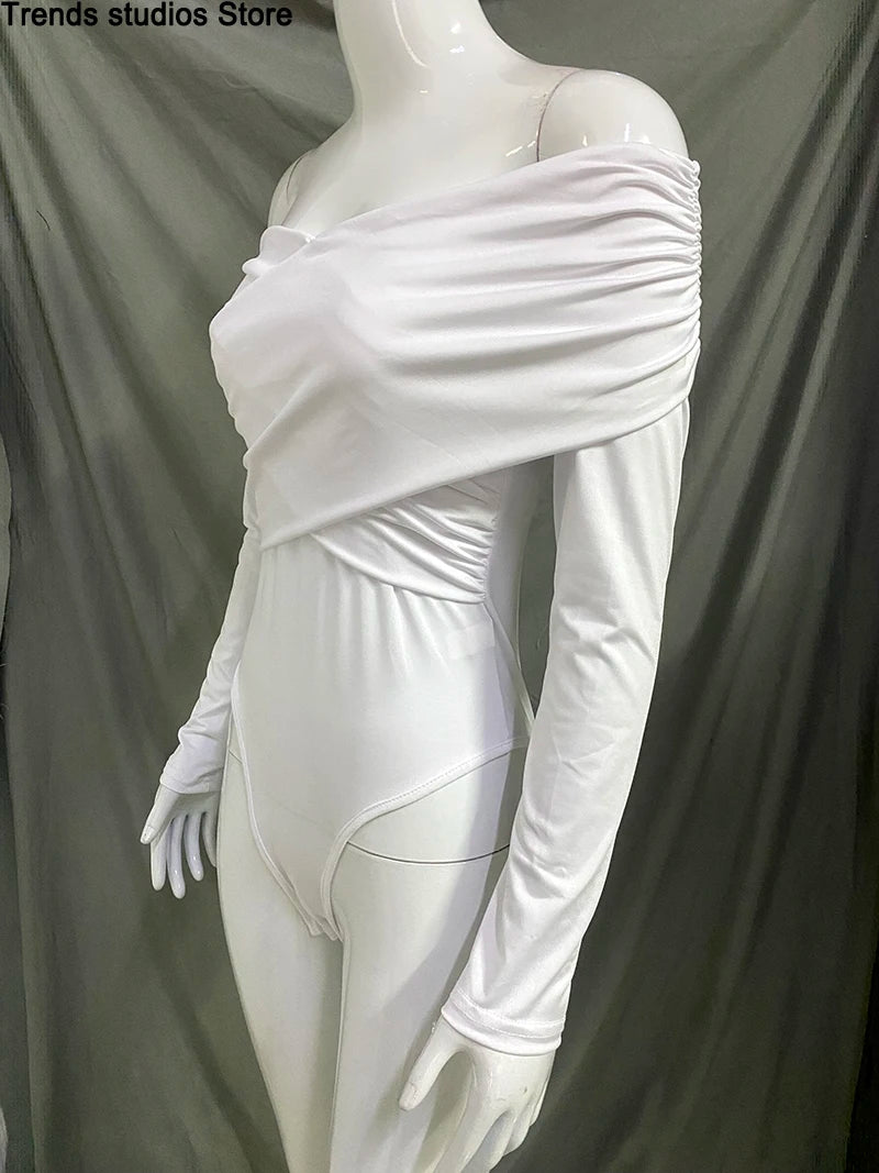 New Solid Sexy Off Shoulder Bodysuits Women Fashion Crossed Folds Skinny Rompers Long Sleeve Fashion Streetwear Autumn Bodysuits.