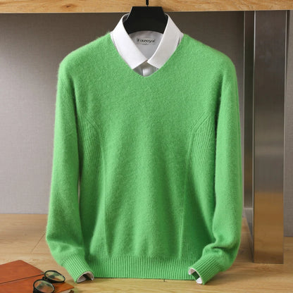 Men's 100% Pure Mink Cashmere Sweater V-Neck Pullovers Knit Large Size Mink Sweater Winter New Tops Long Sleeve High-End Jumpers.