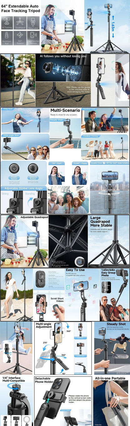 Auto Face Tracking Tripod Selfie Stick 360° Rotation Mount 1.63m Extendable Auto Tracking Phone Holder Tripod for iPhone Camera.