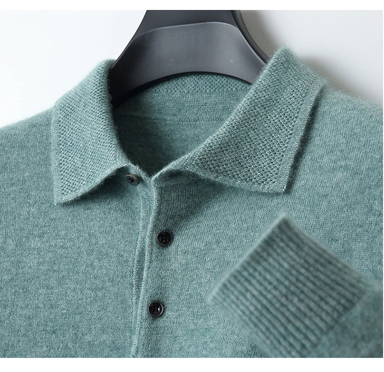 LHZSYY 100%Merino Wool Hot Cardigans Men Lapel Pullover Long Sleeve POLO Neck Sweaters Loose Tops Knit Clothing Large Size Shirt