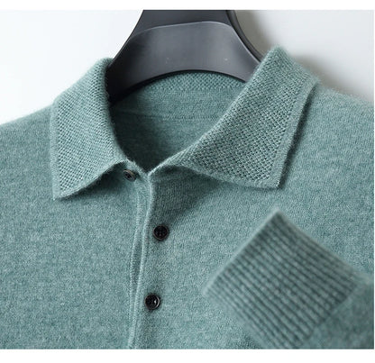 LHZSYY 100%Merino Wool Hot Cardigans Men Lapel Pullover Long Sleeve POLO Neck Sweaters Loose Tops Knit Clothing Large Size Shirt