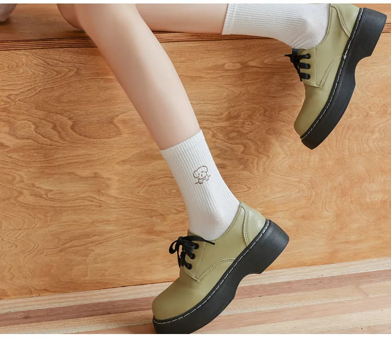 5 Pairs of White Women's Embroidered Socks for All Seasons Cotton Socks Mid-high Tube Student Cartoon Sports Socks.