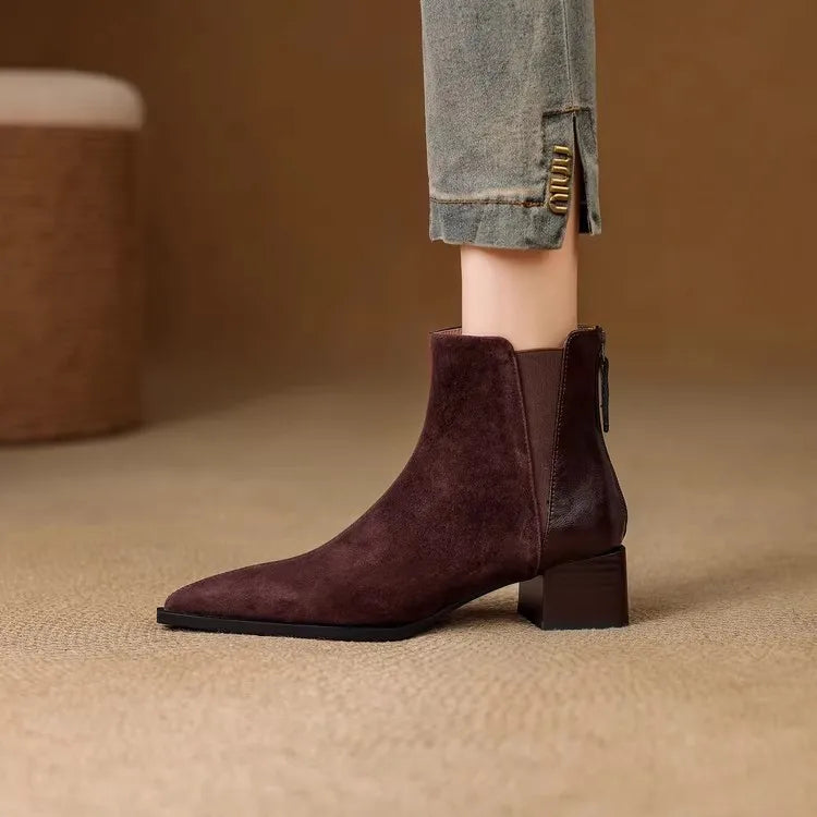 Autumn Winter Women Thick Heel Ankle Boots Elegant Back Zippers Shoes Modern Leather Suede Splicing Short Botas Para Mujer.